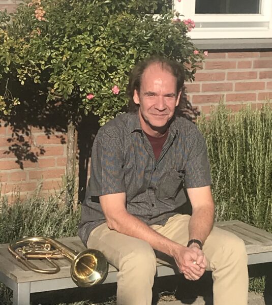 Chris Kase with his OIRAM Ack flugelhorn in our garden 